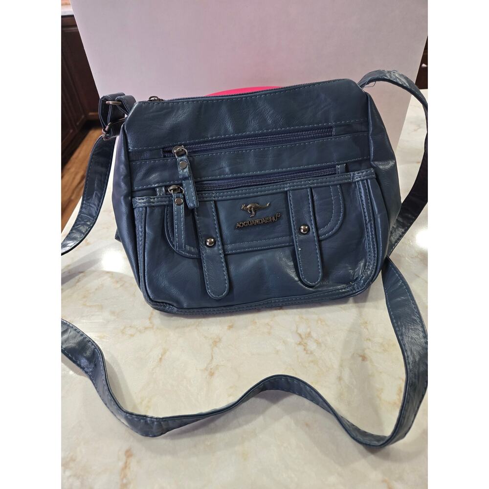 Aoguandaishu Blue Faux Leather Crossbody Bag Multiple Zipper Compartments
